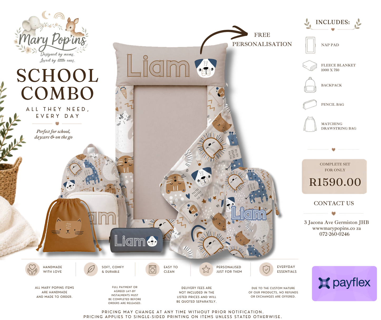 Children's school combo set with personalized items on a white background