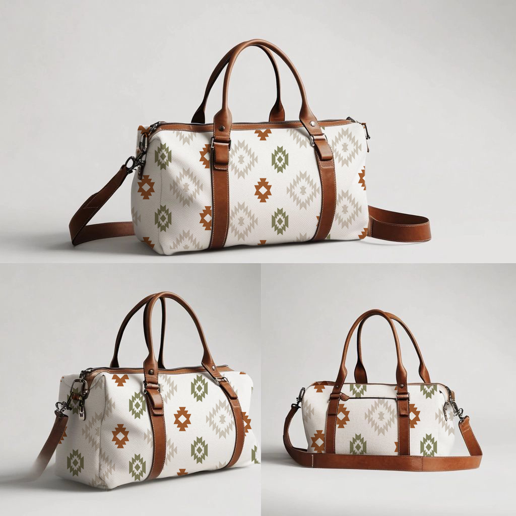Boho themed hospital bag featuring geometric tribal-style patterns in rust, olive green and soft neutral tones on a white background with brown handles and a matching shoulder strap | Boho-tema hospitaaltas met geometriese stamstyl-patrone in roes, olyfgroen en sagte neutrale kleure op ’n wit agtergrond met bruin handvatsels en ’n bypassende skouerband.