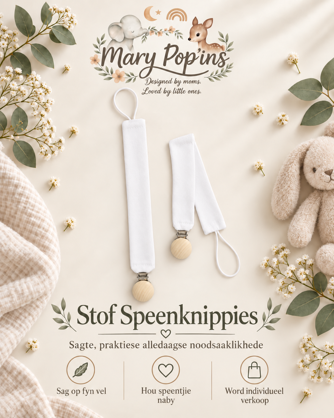 Two white fabric dummy clips with wooden ball accents and metal spoon connectors, displayed on a cream background with decorative flowers, a bunny toy, and the Mary Popins brand logo.