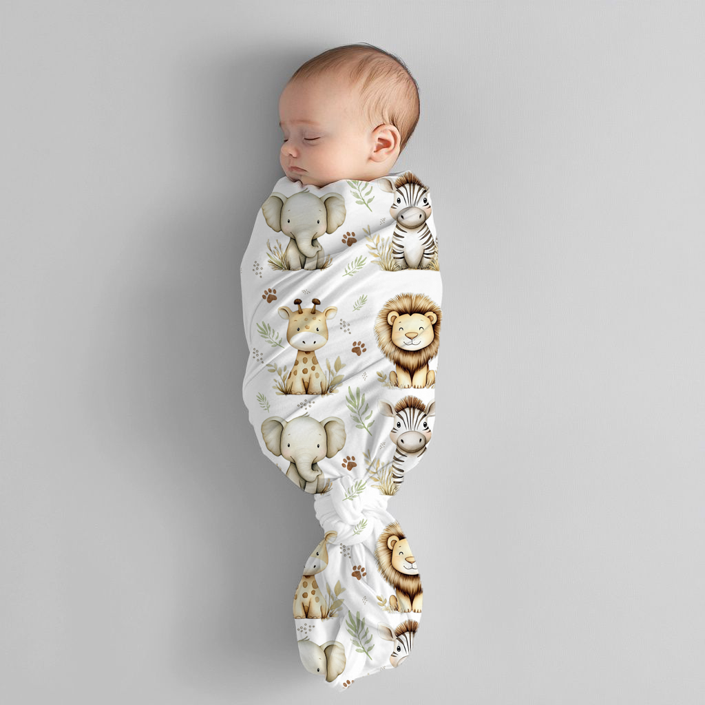 Oat So Neutral Safari baby swaddle set featuring sweet safari animals including an elephant, giraffe, lion and zebra with soft leafy details in warm oat, cream and neutral tones | Oat So Neutral Safari baba-inbakerstel met oulike safaridiere insluitend ’n olifant, kameelperd, leeu en sebra met sagte blaardetail in warm hawer-, room- en neutrale kleure.