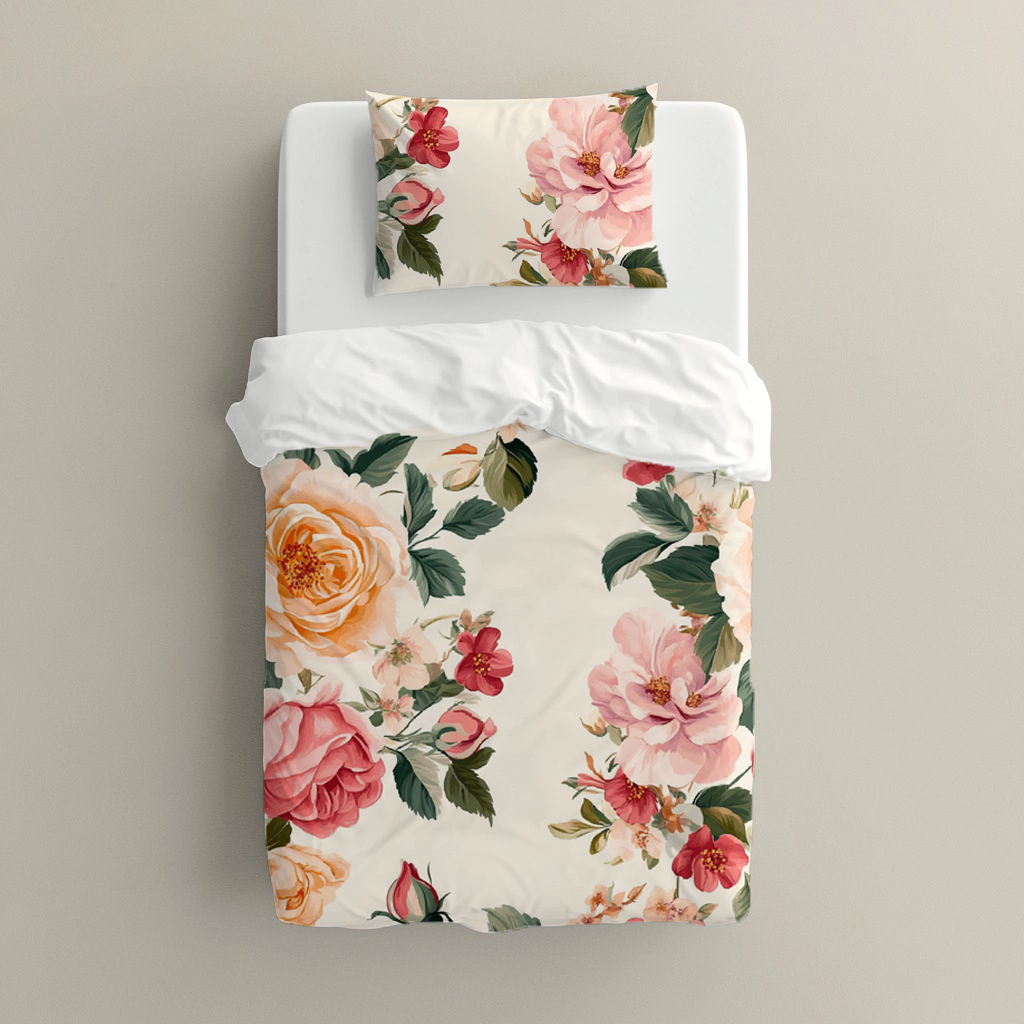 Peony Dreams big bedding featuring large blush pink, coral and peach peonies with deep green leaves on a soft cream background for a romantic floral bedroom look | Peony Dreams groot beddegoed met groot ligpienk, koraal- en perskekleurige pioene met diepgroen blare op ’n sagte room agtergrond vir ’n romantiese blom slaapkamer-voorkoms.