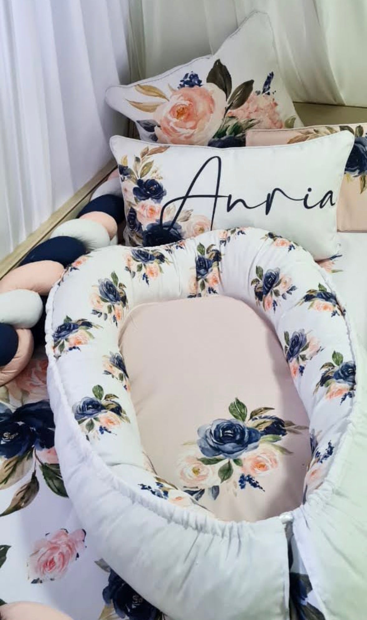 pink and navy floral bedding 