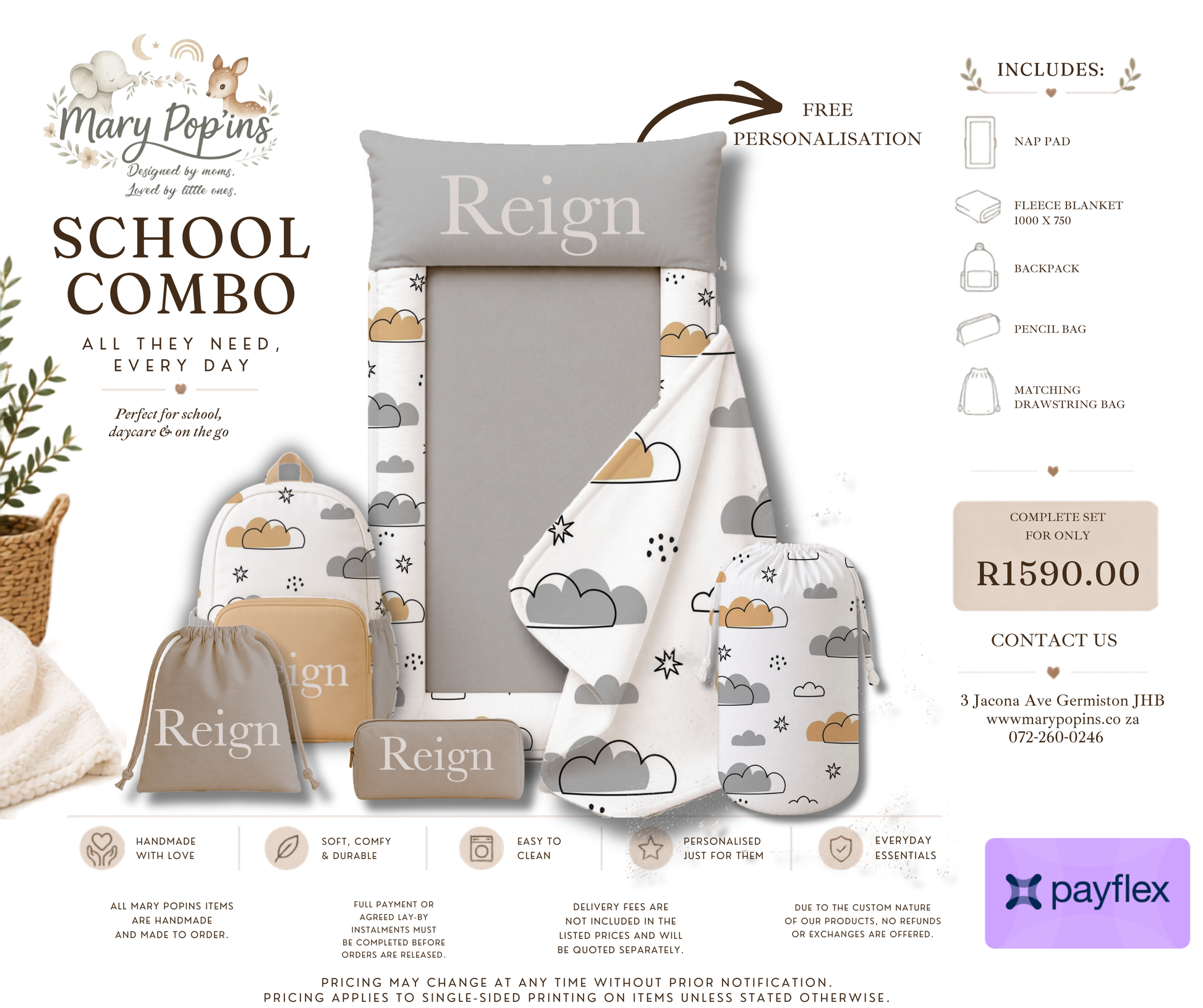 Children's school combo set with gray and white cloud design, including a pillow, blanket, and bags, with 'Mary Poppins' branding.