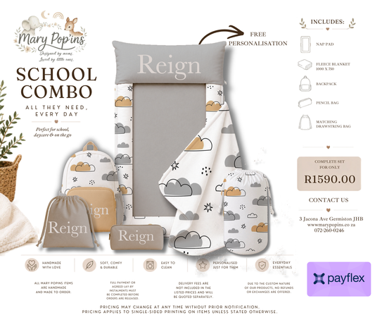 Children's school combo set with gray and white cloud design, including a pillow, blanket, and bags, with 'Mary Poppins' branding.