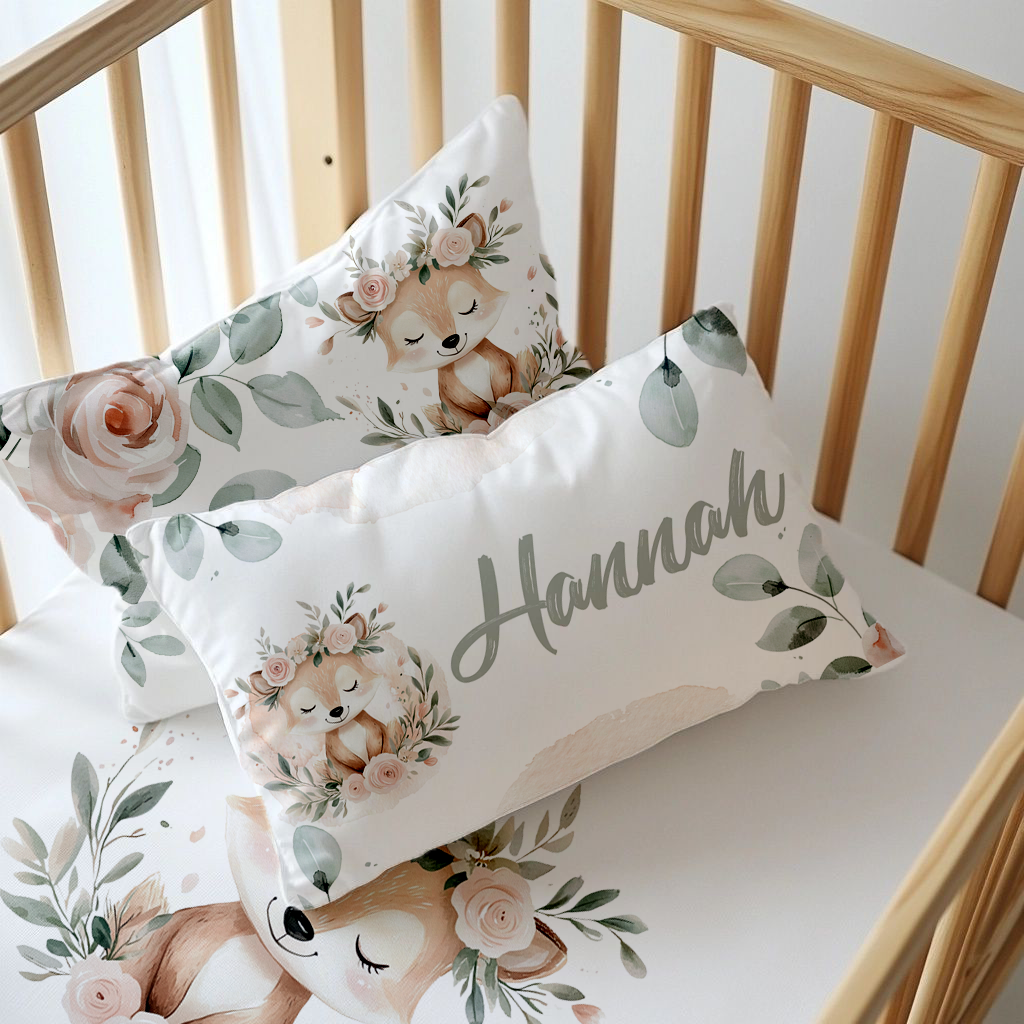 Fawn & Flora personalised nursery pillow set featuring a sweet sleeping fawn, blush pink roses, soft green leaves and a name cushion personalised with “Hannah” | Fawn & Flora gepersonaliseerde kinderkamer-kussingstel met ’n oulike slapende takbok, sagte pienk rose, groen blare en ’n naamkussing gepersonaliseer met “Hannah”.
