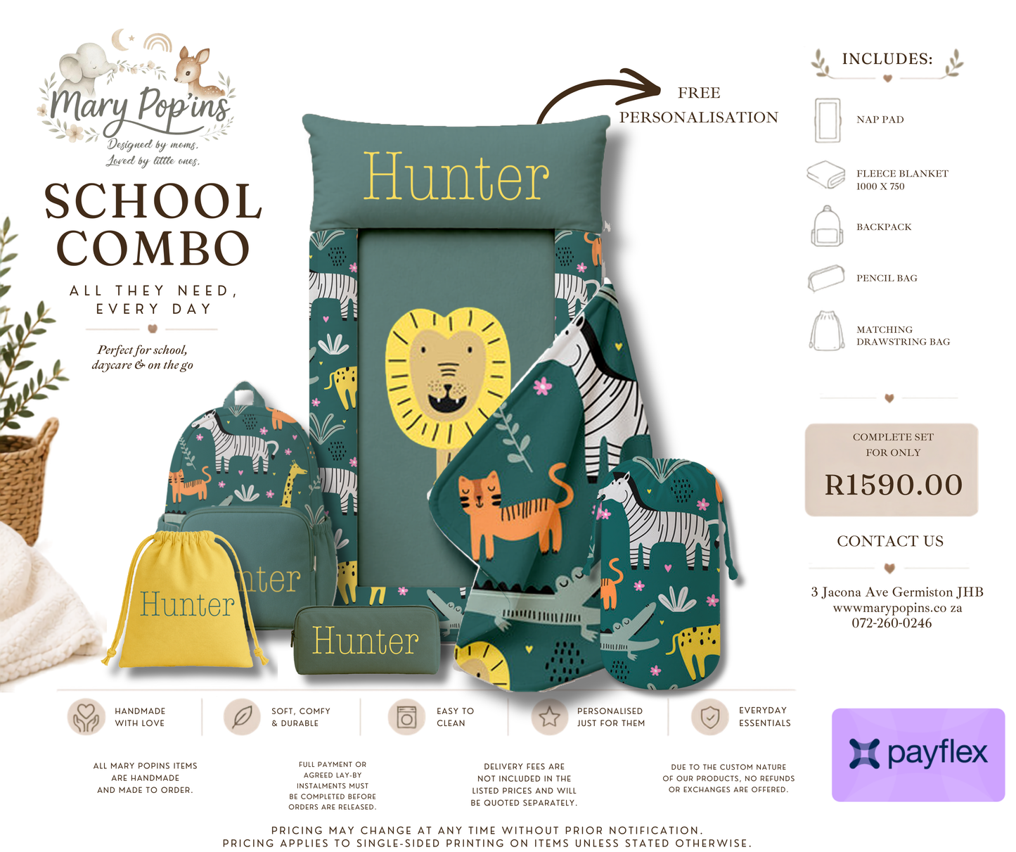 Children's school combo set with lion design, including pillow, bag, and blanket, featuring Mary Poppins branding.