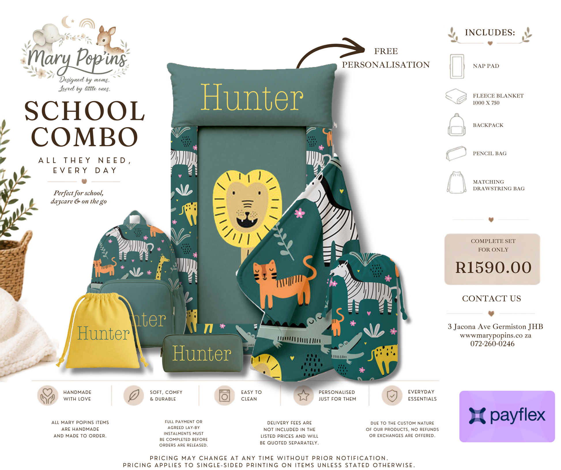 Children's school combo set with lion design, including pillow, bag, and blanket, featuring Mary Poppins branding.