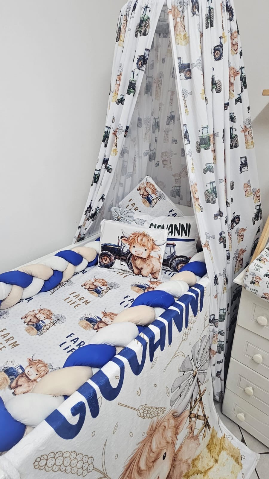 Children's bed with cartoon-themed bedding and canopy