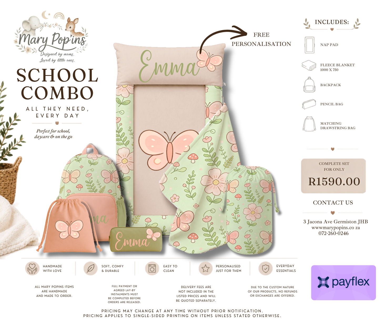 Mary Poppins school combo set with personalized items on a white background