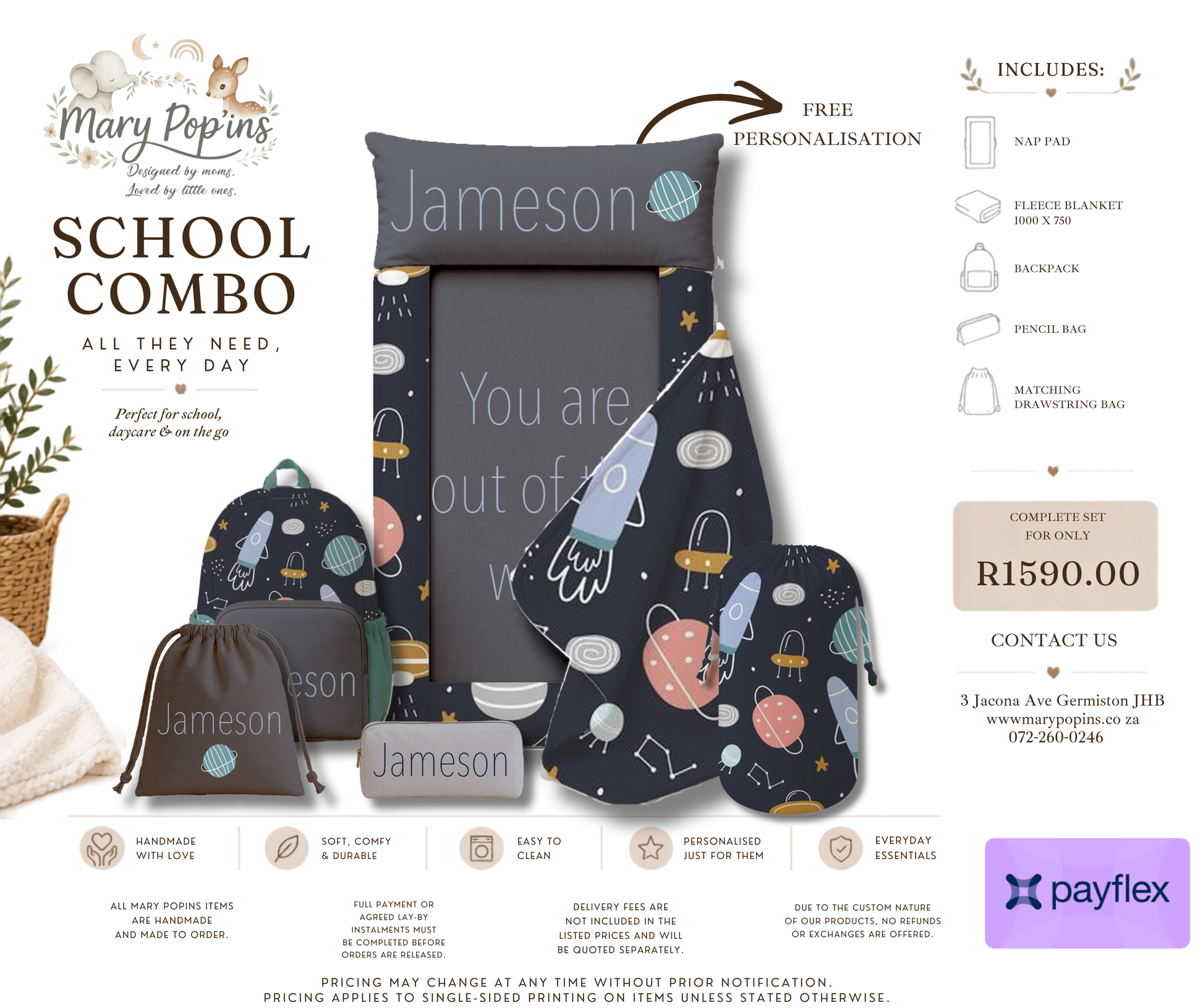 Mary Poppins school combo set with personalized items on a white background
