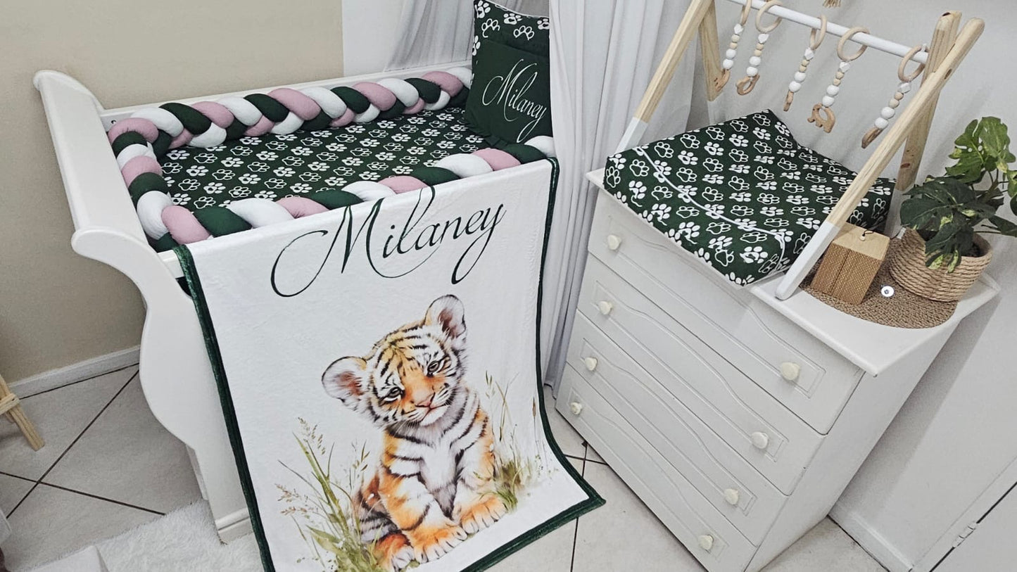     Luxury safari-inspired baby cot bedding in forest green, blush pink and white