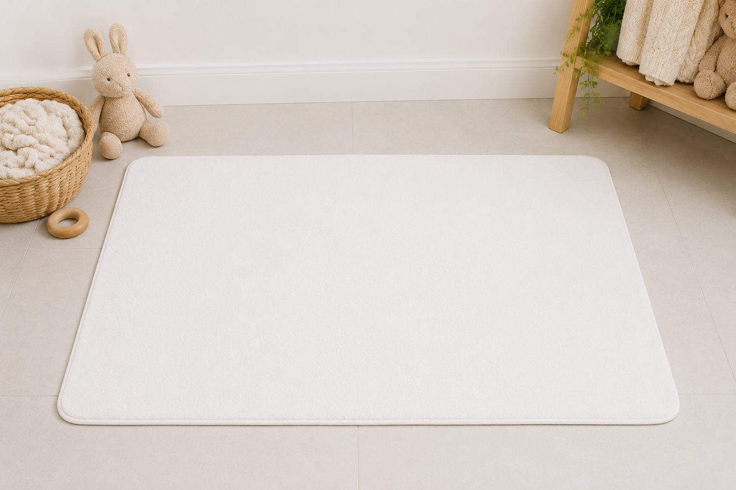 White mat on a light wooden floor with toys and a basket in the background