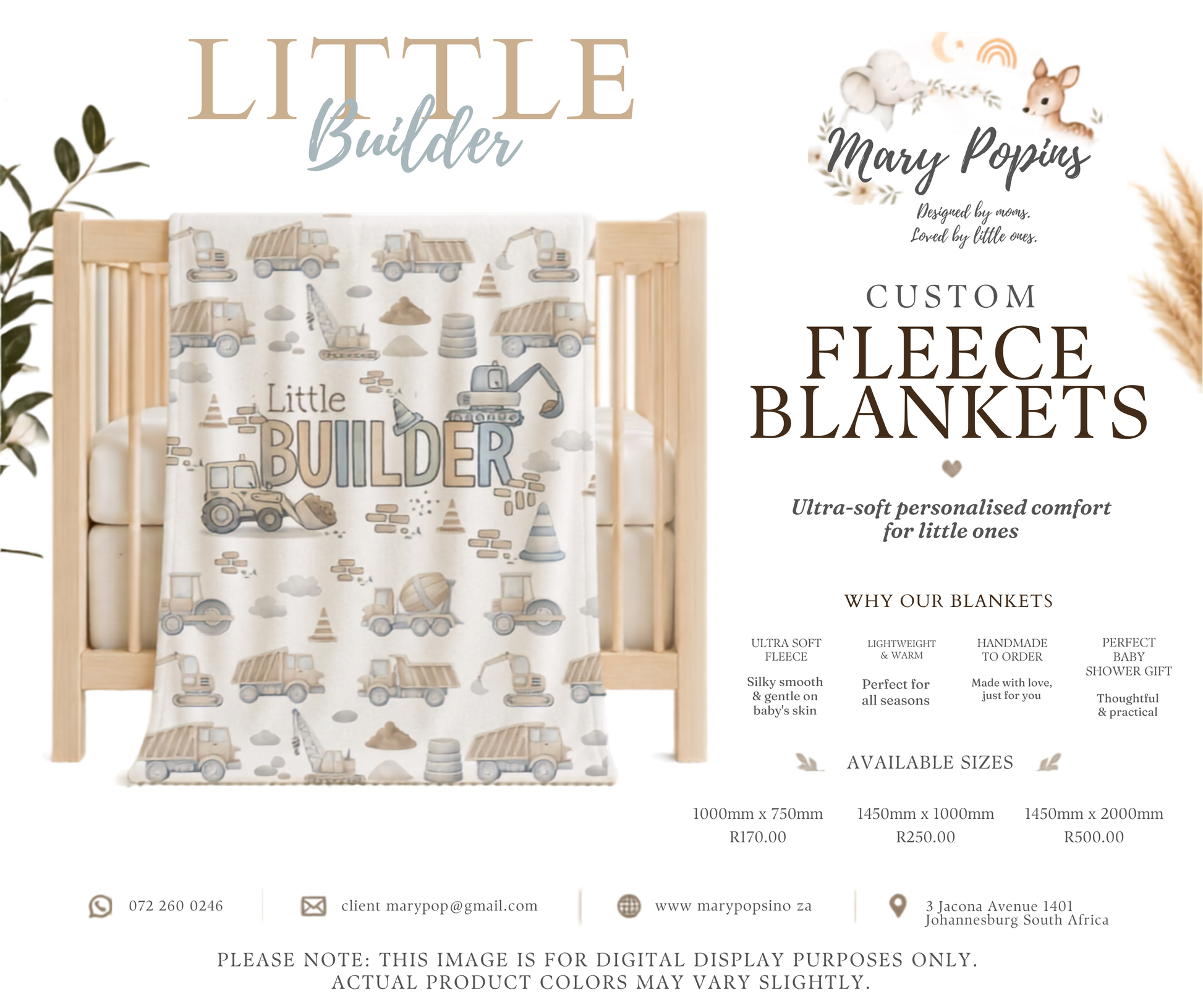 Custom fleece blanket with 'Little Builder' design on a crib, featuring branding and product details.