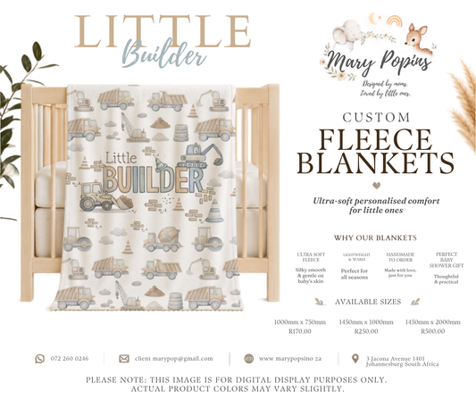 Custom fleece blanket with 'Little Builder' design on a crib, featuring branding and product details.