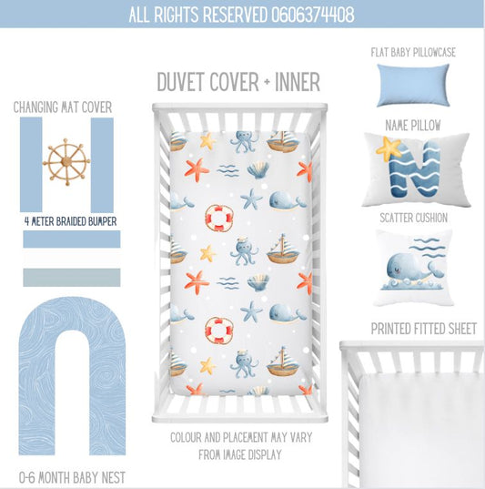 Ahoy Matey nautical cot bedding set featuring whales, sailboats, starfish, shells, waves and lifebuoys in soft blue, white and orange tones with matching cushions and baby accessories | Ahoy Matey nautiese bababeddegoedstel met walvisse, seilbote, seesterre, skulpe, golwe en reddingsboeie in sagte blou, wit en oranje kleure met bypassende kussings en baba-bykomstighede.