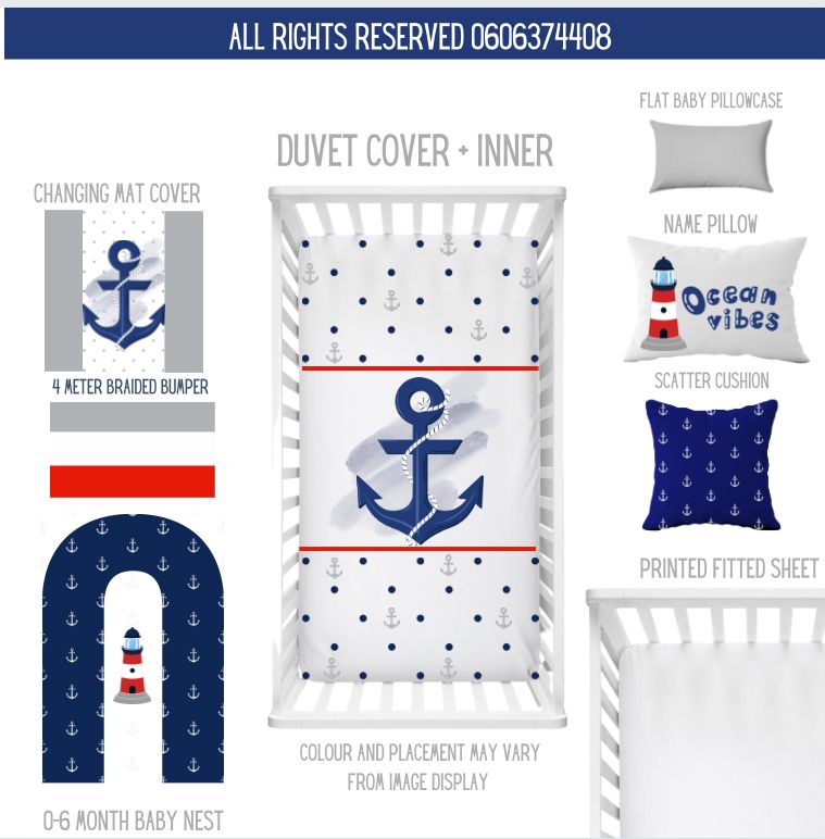 Anchors Away nautical cot bedding set featuring navy anchors, lighthouse details, blue polka dots and red accents with matching baby nest, cushions and cot accessories | Anchors Away nautiese bababeddegoedstel met donkerblou ankers, vuurtoring-detail, blou kolletjies en rooi aksente met ’n bypassende babanes, kussings en bababed-bykomstighede.