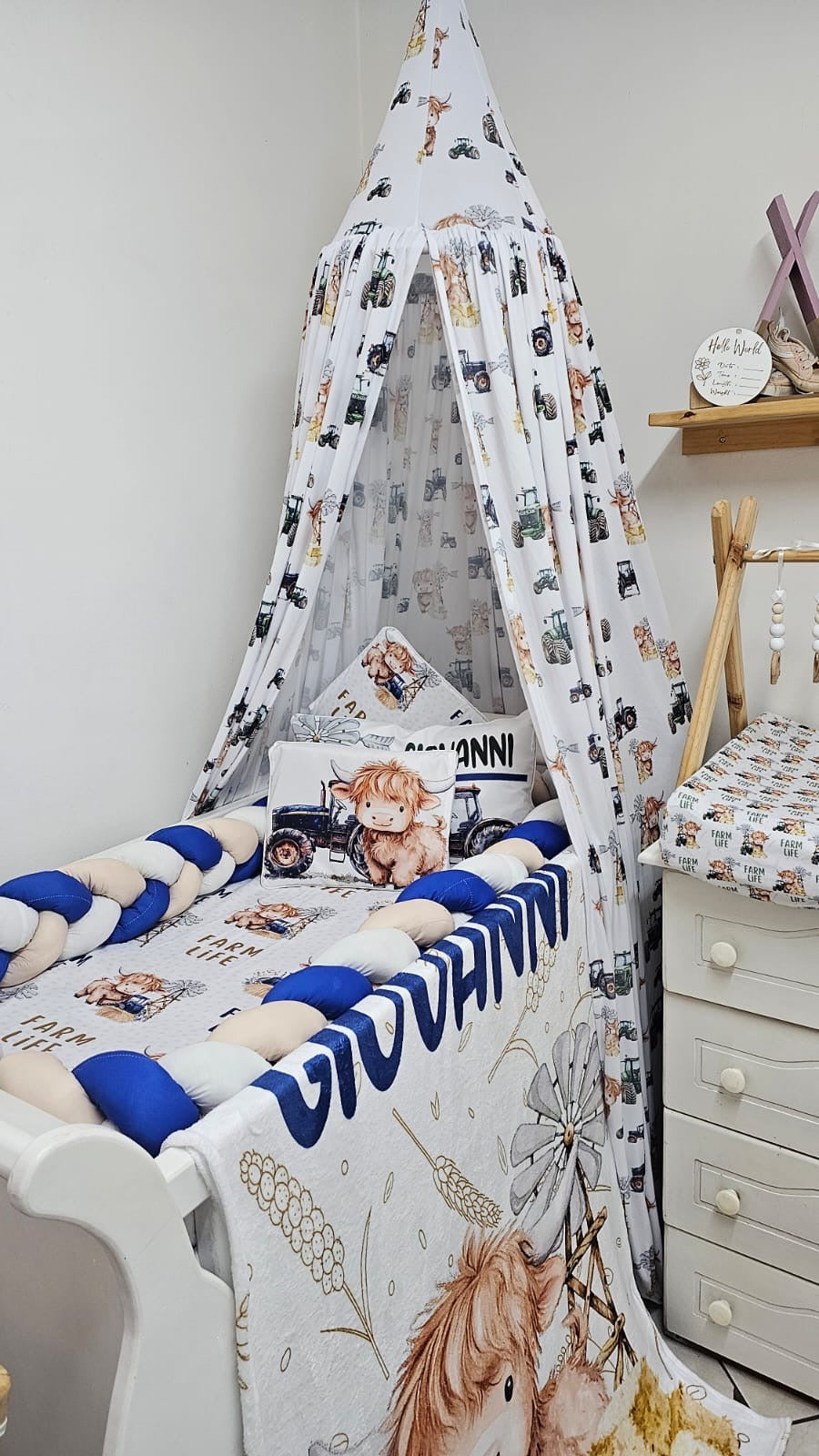 Children's room with crib, canopy, and decorative elements.