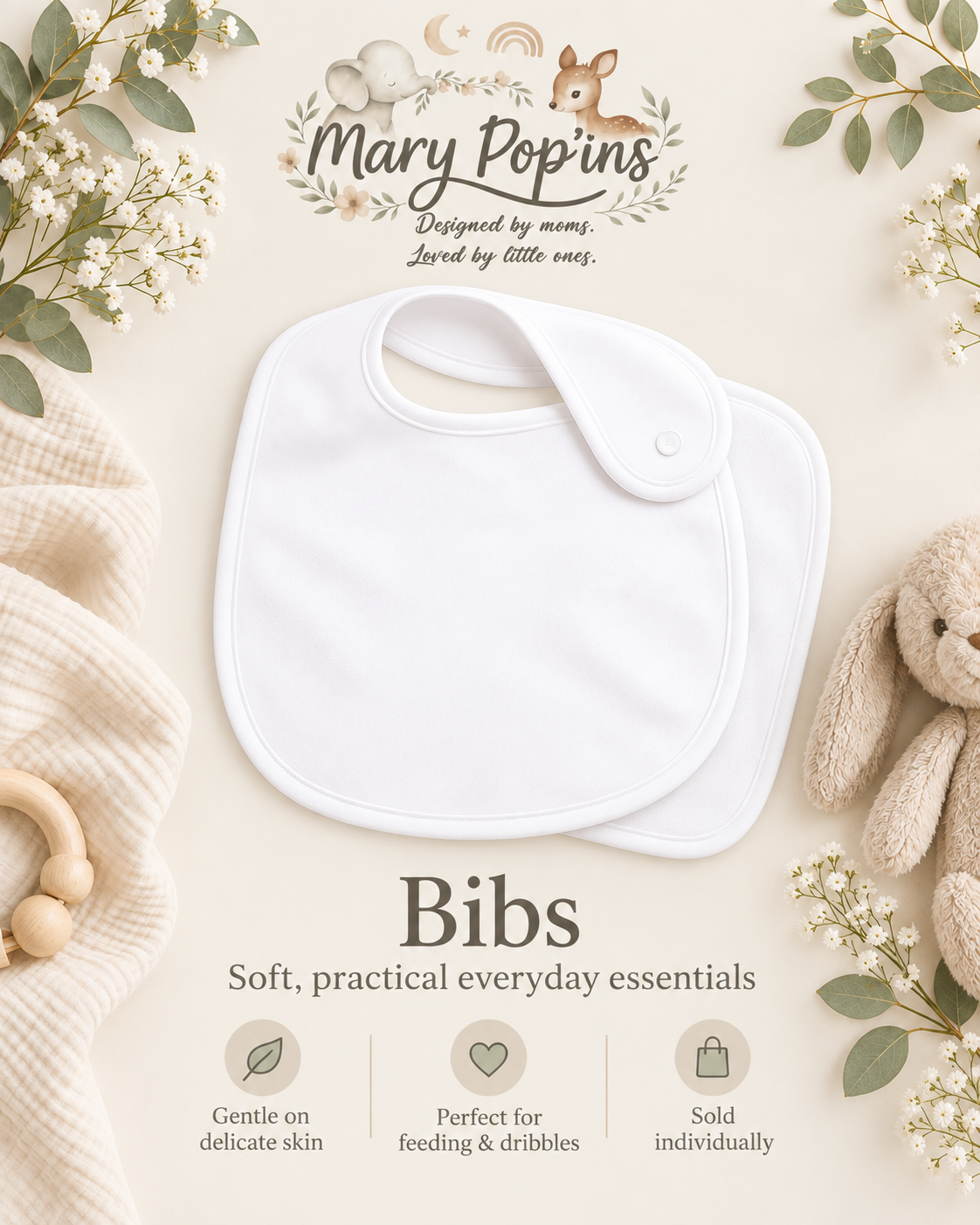 A white fabric baby bib with a snap-button closure, presented on a light beige background with decorative baby props including a teddy bear, a knit blanket, and floral accents. The brand name 'Mary Popins' is displayed at the top, and descriptive text for 'Bibs' is shown below.