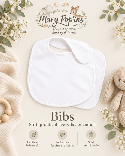 A white fabric baby bib with a snap-button closure, presented on a light beige background with decorative baby props including a teddy bear, a knit blanket, and floral accents. The brand name 'Mary Popins' is displayed at the top, and descriptive text for 'Bibs' is shown below.