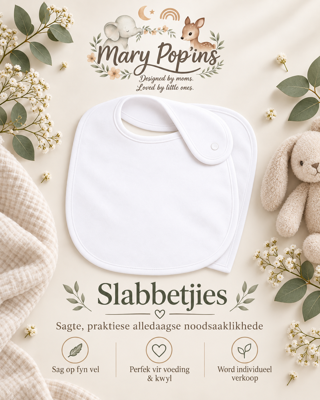 A white fabric baby bib with a snap-button closure, presented on a styled cream background with floral accents, a plush bunny, and Dutch marketing text for Mary Pop'ins.