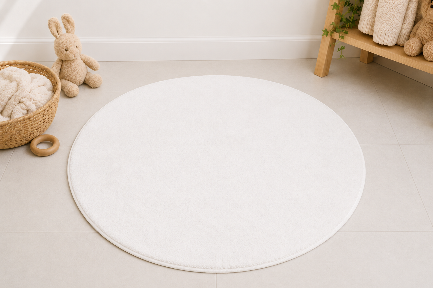 Round white rug on a light wooden floor with toys and a basket in the background.