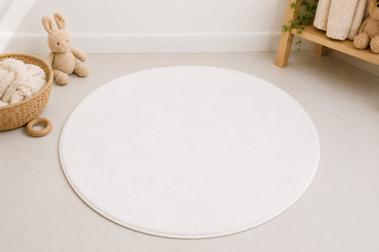 Round white rug on a light wooden floor with toys and a basket in the background.