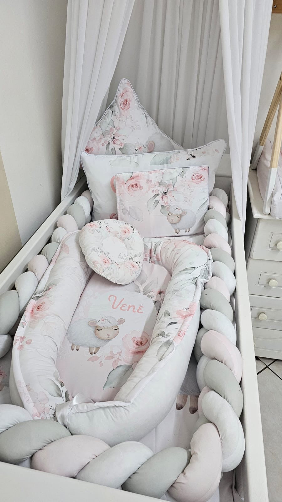 Pink sheep themed baby bedding