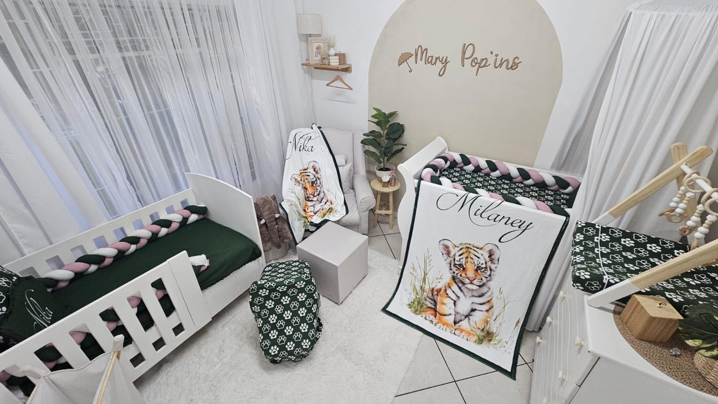 Personalised tiger paw nursery bedding set with braided cot bumper and custom name pillow