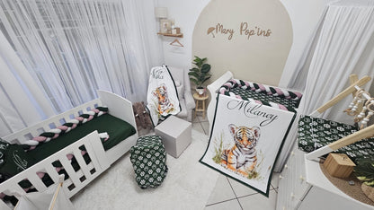 Personalised tiger paw nursery bedding set with braided cot bumper and custom name pillow