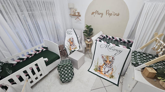     Personalised tiger paw nursery bedding set with braided cot bumper and custom name pillow