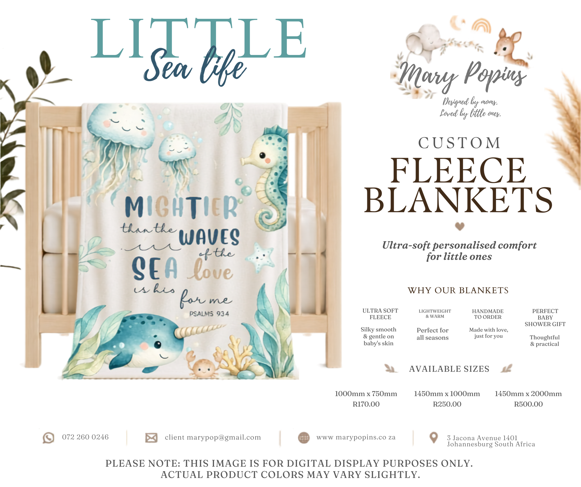 Custom fleece blanket with sea-themed design in a crib, featuring text and illustrations of marine life.