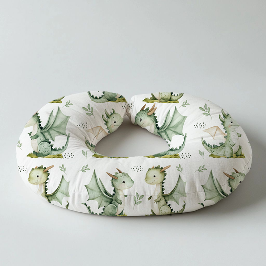 Dreamy Dragon nursing pillow featuring cute green baby dragons with wings, soft leafy details and subtle neutral accents on a clean white background | Dreamy Dragon voedingskussing met oulike groen babadrakies met vlerkies, sagte blaardetail en subtiele neutrale aksente op ’n skoon wit agtergrond.