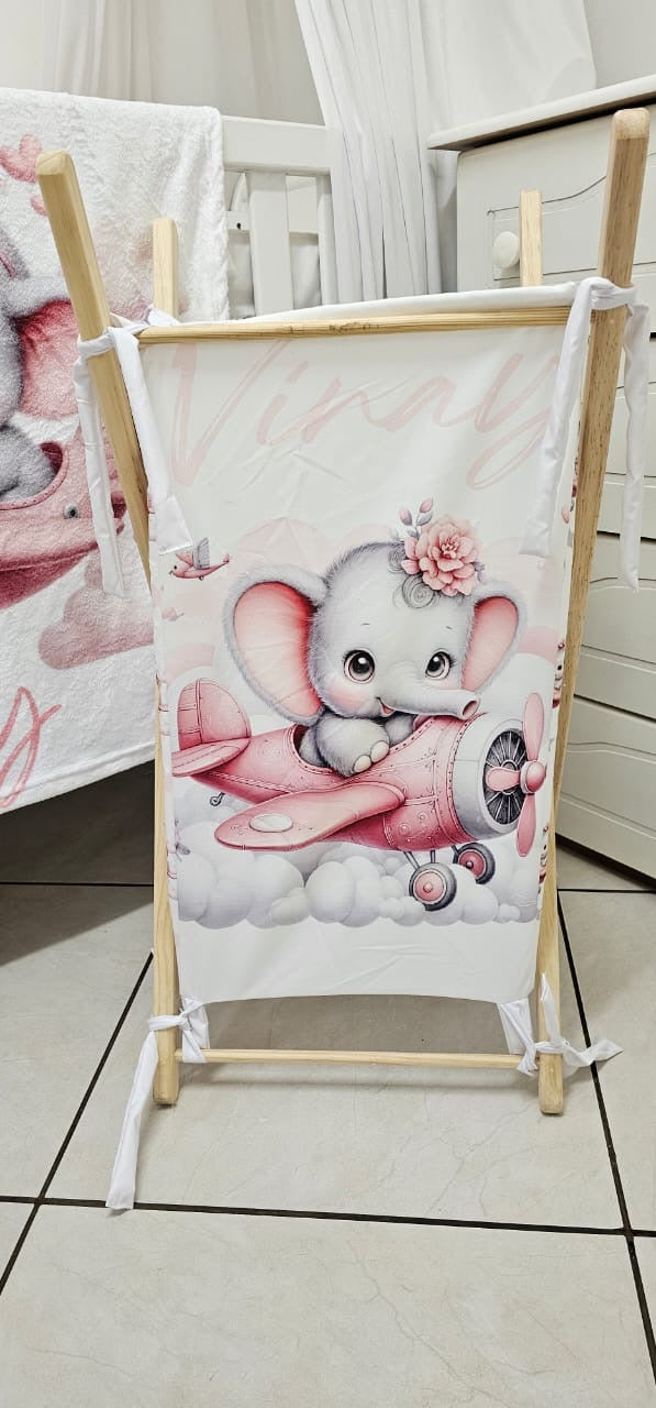Pink Plane Elephant Laundry Basket