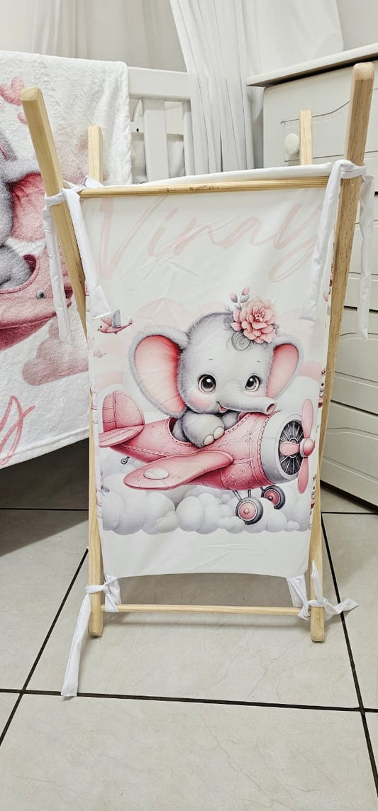 Pink Plane Elephant Laundry Basket
