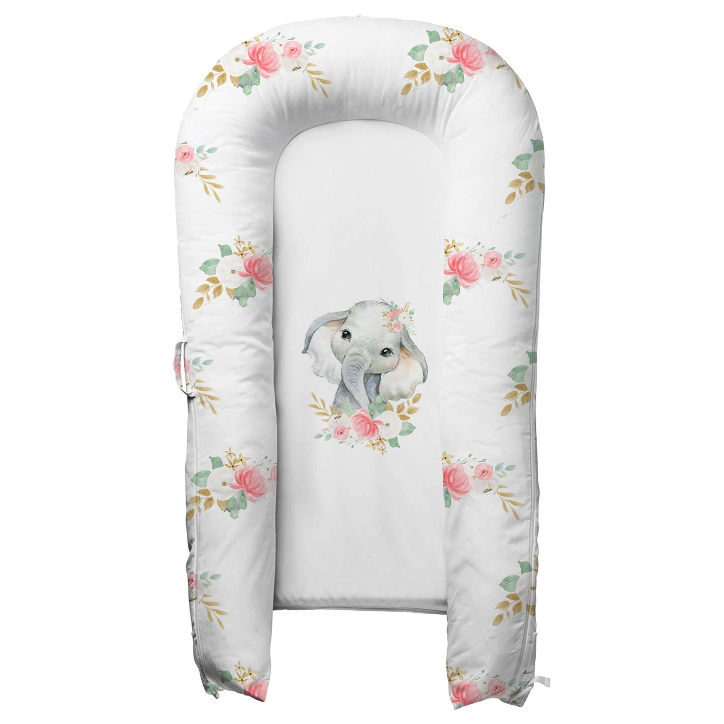 Ellie Floral baby nest featuring watercolour elephant and soft pink floral design, photographed flat lay on wooden surface