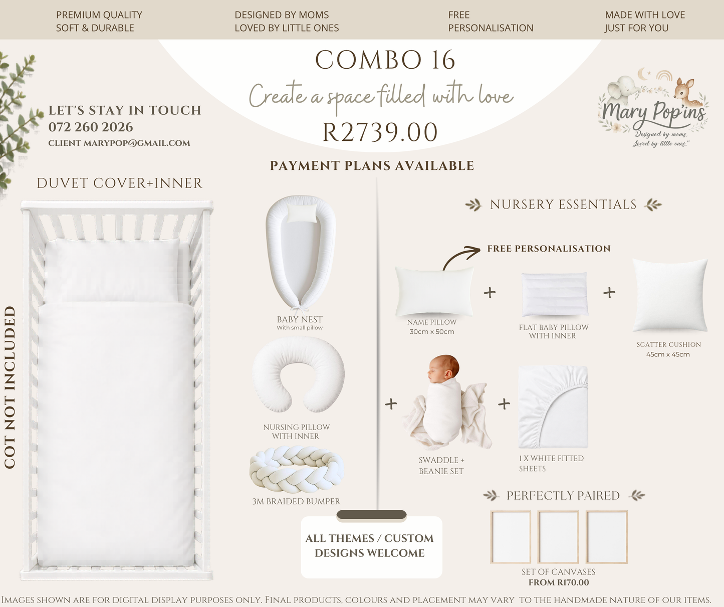 Promotional flyer for nursery bedding set with product images and pricing details.