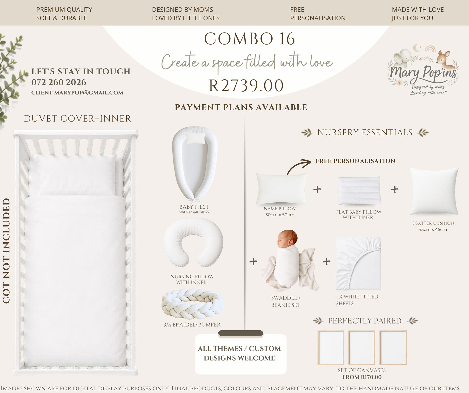 Promotional flyer for nursery bedding set with product images and pricing details.
