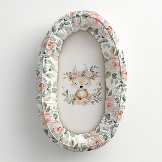 Fawn & Flora baby nest featuring a sweet sleeping fawn with a floral crown, surrounded by blush pink roses and soft green foliage in a delicate neutral design | Fawn & Flora babanes met ’n oulike slapende takbok met ’n blomkroon, omring deur sagte pienk rose en groen blare in ’n delikate neutrale ontwerp.