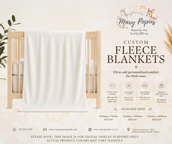 Custom fleece blanket on a crib with Mary Poppins branding and product details.