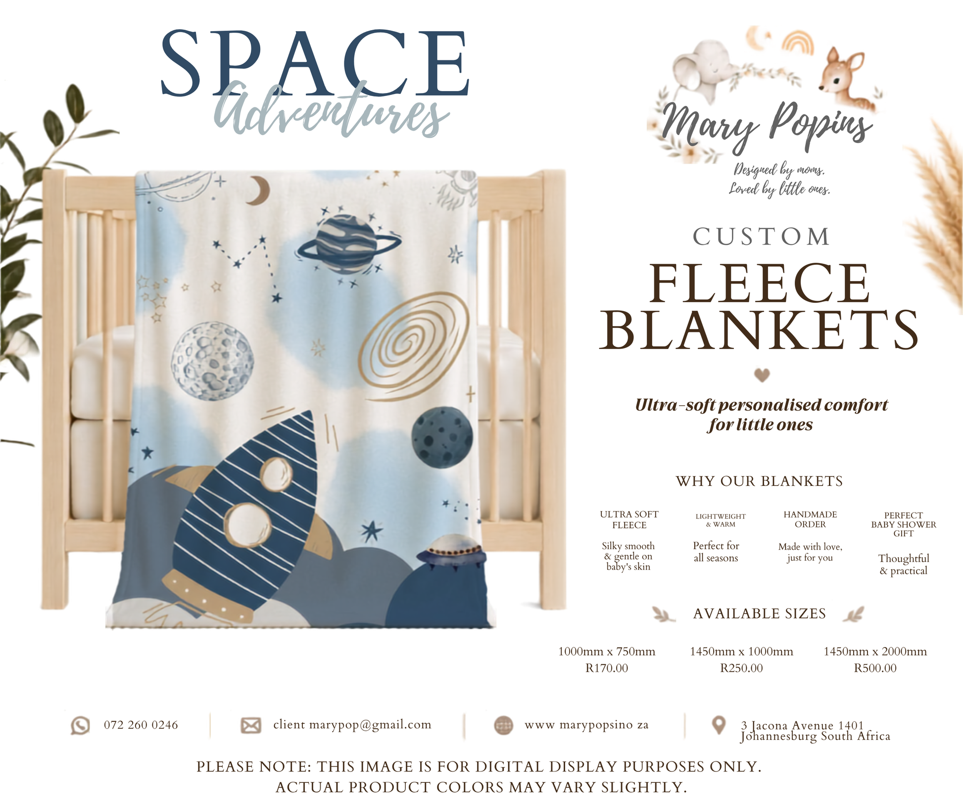 Space-themed fleece blanket in a crib with promotional text for Mary Poppins custom fleece blankets.