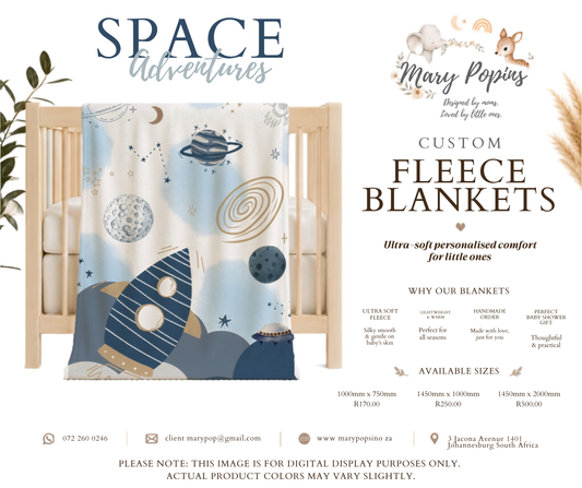 Space-themed fleece blanket in a crib with promotional text for Mary Poppins custom fleece blankets.