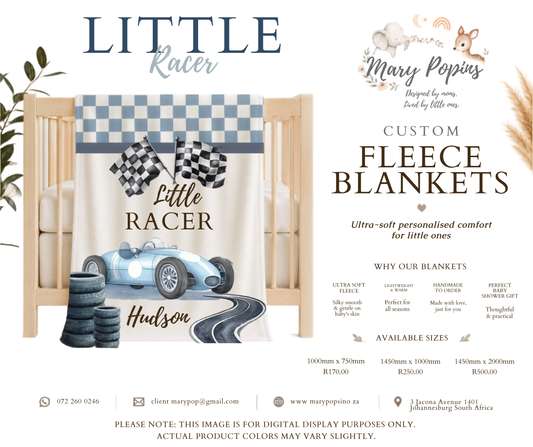 Custom fleece blanket with 'Little Racer' design in a crib, featuring branding and product details.