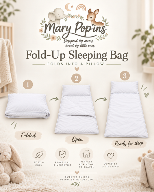 A product infographic for the Mary Popins Fold-Up Sleeping Bag, showing three states: folded, open, and ready for sleep. The white sleeping bag is displayed on a soft beige background with illustrations of woodland animals and text detailing its features.