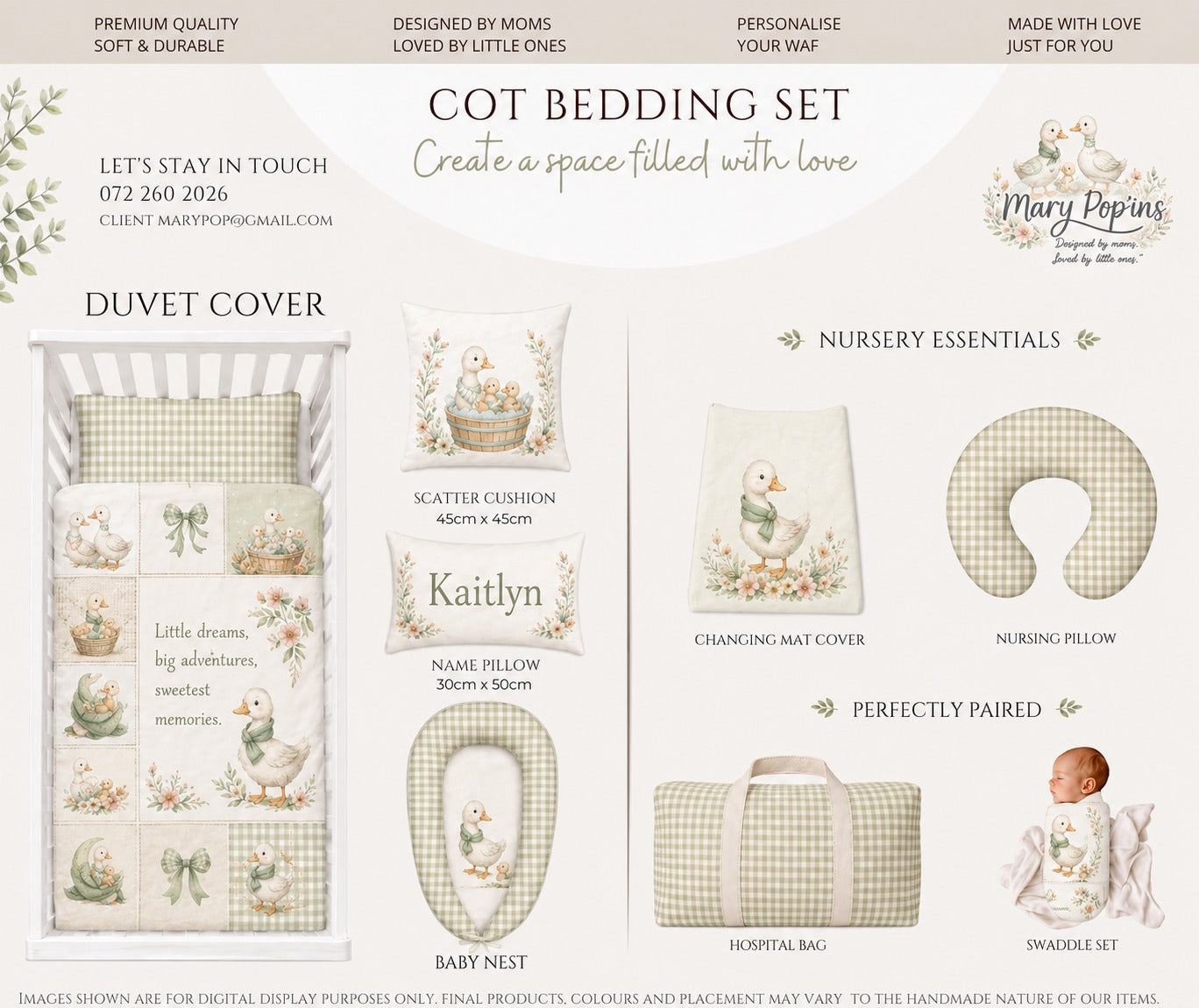 A digital product listing graphic for the Mary Pop'ins Cot Bedding Set, featuring a collection of coordinated baby bedding items including a duvet cover, baby nest, scatter cushion, pillows, changing mat cover, nursing pillow, and hospital bag in a soft beige and sage green gingham pattern with watercolor illustrations of Silly Goose, bunnies, duck and flowers.