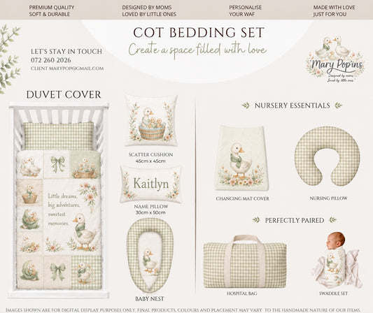 A digital product listing graphic for the Mary Pop'ins Cot Bedding Set, featuring a collection of coordinated baby bedding items including a duvet cover, baby nest, scatter cushion, pillows, changing mat cover, nursing pillow, and hospital bag in a soft beige and sage green gingham pattern with watercolor illustrations of Silly Goose, bunnies, duck and flowers.