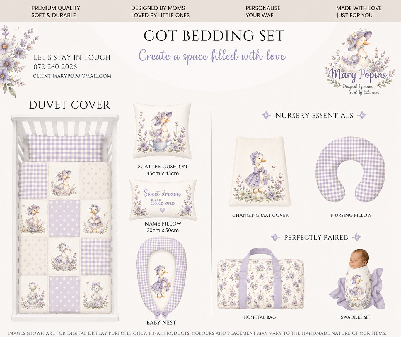 A digital product display sheet for the 'Cot Bedding Set' by Mary Pop'ins, featuring various coordinating pieces like a duvet cover, pillows, a changing mat, a baby nest, a hospital bag, and a swaddle set in a lavender and white gingham floral print. Silly Goose, Duck.