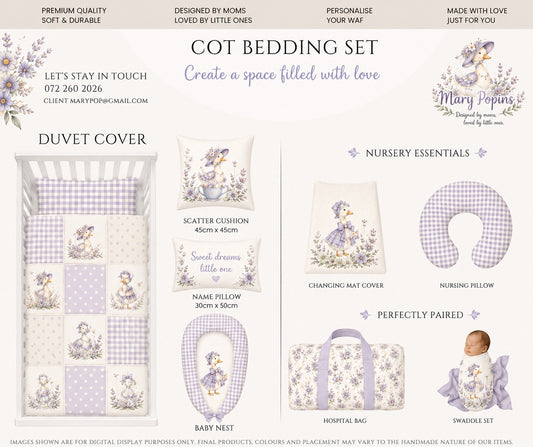 A digital product display sheet for the 'Cot Bedding Set' by Mary Pop'ins, featuring various coordinating pieces like a duvet cover, pillows, a changing mat, a baby nest, a hospital bag, and a swaddle set in a lavender and white gingham floral print. Silly Goose, Duck.