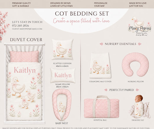 A digital product display sheet for a 'Cot Bedding Set' by Mary Pop'ins, featuring a pink and white gingham and bunny print theme. The set includes a duvet cover, pillowcases, a changing mat cover, a nursing pillow, a baby nest, a hospital bag, and a swaddle set, all decorated with pink gingham patterns,  silly gooses, duck  illustrations, and personalized names 