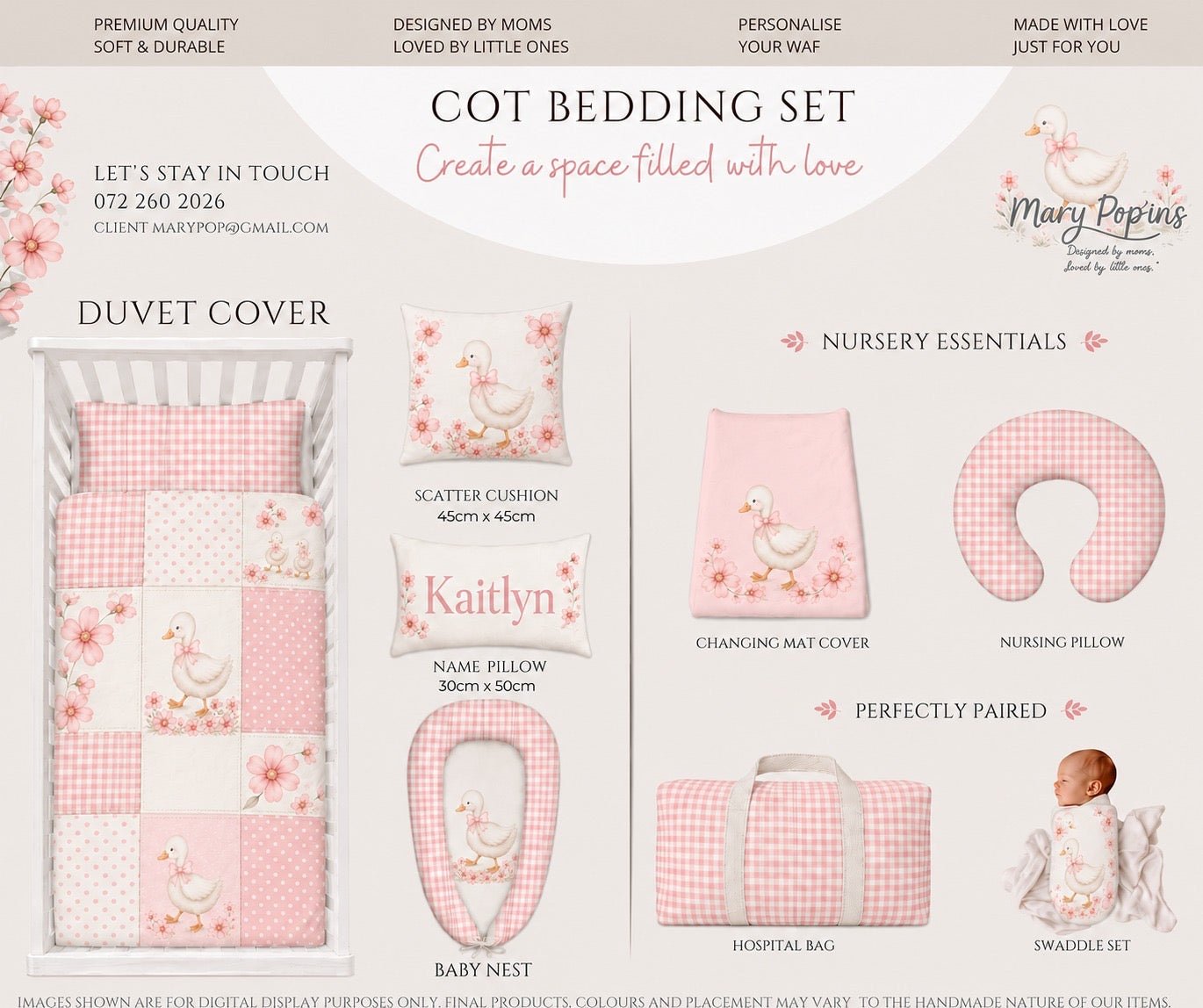 A digital product display sheet for a Mary Pop'ins Cot Bedding , featuring a pink and white gingham  patch and floral patterned set including a duvet cover, baby nest, scatter cushion, name pillow, changing mat cover, nursing pillow, hospital bag, and swaddle set, 