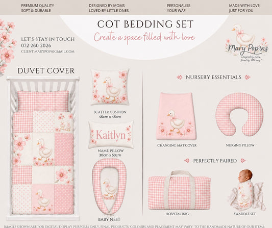 A digital product display sheet for a Mary Pop'ins Cot Bedding , featuring a pink and white gingham  patch and floral patterned set including a duvet cover, baby nest, scatter cushion, name pillow, changing mat cover, nursing pillow, hospital bag, and swaddle set, 